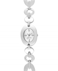 The precision and style of this timepiece from Nine West work in perfect symmetry. Crafted of silver tone mixed metal linked bracelet and oval case. Silver tone dial features tonal applied stick indices, hour and minute hands, sweeping second hand and logo at six o'clock. Quartz movement. Limited lifetime warranty. The precision and style of this timepiece from Nine West work in perfect symmetry. Crafted of silver tone mixed metal linked bracelet and oval case. Silver tone dial features tonal applied stick indices, hour and minute hands, sweeping second hand and logo at six o'clock. Quartz movement. Limited lifetime warranty.