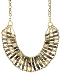 A statement that will not go unheard. Alfani's four-row necklace flaunts tubular beads in chocolate, gold and hematite tones. Crafted in gold tone mixed metal. Approximate length: 18 inches + 3-inch extender. Approximate drop: 1-1/2 inches. A statement that will not go unheard. Alfani's four-row necklace flaunts tubular beads in chocolate, gold and hematite tones. Crafted in gold tone mixed metal. Approximate length: 18 inches + 3-inch extender. Approximate drop: 1-1/2 inches.