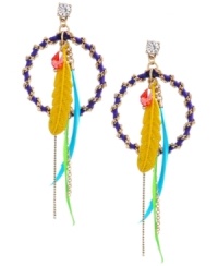 Catch some dreams. The whimsical quality of Betsey Johnson's colorful feather hoop earrings will bring your imagination to life. Crafted in gold-plated mixed metal with bright yellow, blue and green feathers, faceted red beaded accents, and a crystal accent at the post. Approximate drop: 4 inches. Approximate diameter: 1-1/2 inches.