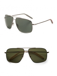 Oversized aviators with double-bridge detail and injected silicone temple tips. Available in gold frames with mineral glass green lenses and chrome frames with mineral glass grey lenses. Metal frames 100% UV protective Imported Oversized aviators with double-bridge detail and injected silicone temple tips. Available in gold frames with mineral glass green lenses and chrome frames with mineral glass grey lenses. Metal frames 100% UV protective Imported