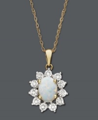 Capture the pristine elegance of opal. This pretty pendant features an oval-cut opal (3/4 ct. t.w.) surrounded by a sparkling halo of diamond accents. Crafted in 14k gold and 14k white gold. Approximate length: 18 inches. Approximate drop: 1/2 inch.