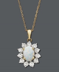 Capture the pristine elegance of opal. This pretty pendant features an oval-cut opal (3/4 ct. t.w.) surrounded by a sparkling halo of diamond accents. Crafted in 14k gold and 14k white gold. Approximate length: 18 inches. Approximate drop: 1/2 inch. Capture the pristine elegance of opal. This pretty pendant features an oval-cut opal (3/4 ct. t.w.) surrounded by a sparkling halo of diamond accents. Crafted in 14k gold and 14k white gold. Approximate length: 18 inches. Approximate drop: 1/2 inch.