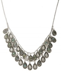 Drape yourself in jewels. Lucky Brand's mixed base metal Chandelier Collar necklace features semi-precious abalone shells with semi-precious Mother of Pearl accents. Approximate length: 16-3/4 inches. Approximate drop: 1-1/4 inches. Drape yourself in jewels. Lucky Brand's mixed base metal Chandelier Collar necklace features semi-precious abalone shells with semi-precious Mother of Pearl accents. Approximate length: 16-3/4 inches. Approximate drop: 1-1/4 inches.