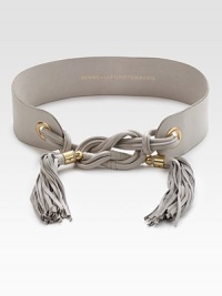 A wide, leather style with playful tassels, metal accents and a tie closure. Width, about 2½Imported A wide, leather style with playful tassels, metal accents and a tie closure. Width, about 2½Imported