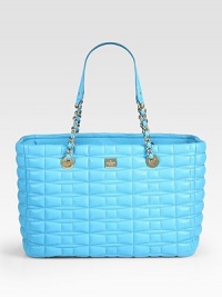 Finesse your look with this structured shape, impeccably-crafted of quilted leather and finished with sleek chain handles. Double leather and chain top handles, 8½ dropProtective metal feetOne inner zip compartmentOne inside zip pocketTwo inside open pocketsFully lined15W X 9H X 6DImported Finesse your look with this structured shape, impeccably-crafted of quilted leather and finished with sleek chain handles. Double leather and chain top handles, 8½ dropProtective metal feetOne inner zip compartmentOne inside zip pocketTwo inside open pocketsFully lined15W X 9H X 6DImported