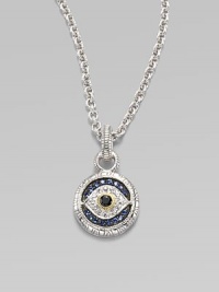 Textured links of sterling silver hold a protective evil eye charm, radiantly formed of white, blue and black sapphires with a touch of 18k gold. Sapphires Sterling silver and 18k yellow gold Chain length, about 17 Pendant diameter, about ½ Heart-shaped lobster clasp Made in USA