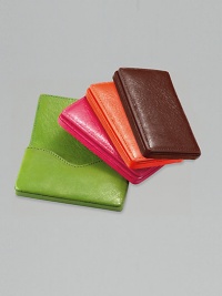 This compact, hard-sided design, crafted of hand-stained Italian leather, keeps business cards and more neat, organized and handy. Magnetic flap closure 4W X 2½H X ½D Made in USA This compact, hard-sided design, crafted of hand-stained Italian leather, keeps business cards and more neat, organized and handy. Magnetic flap closure 4W X 2½H X ½D Made in USA