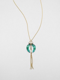 From the Lucite Teatro Moderne Collection. Two graceful cresents of hand-painted, hand-sculpted Lucite, with the rich coloration of malachite, are embellished with faceted Swarovski crystals that hold a golden chain tassel.CrystalLuciteGoldtoneChain length, about 32Lobster claspMade in USA From the Lucite Teatro Moderne Collection. Two graceful cresents of hand-painted, hand-sculpted Lucite, with the rich coloration of malachite, are embellished with faceted Swarovski crystals that hold a golden chain tassel.CrystalLuciteGoldtoneChain length, about 32Lobster claspMade in USA