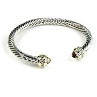 14k Gold and White Gold Rhodium Bonded Twisted Cable Cuff Bangle With CZ Accents in Silvertone