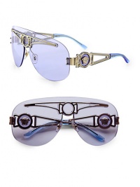 Eye-catching shield frames with goldtone Medusa metal temples. Available in gold with brown lens or gold with lavender lens.Gold Medusa temples100% UV protectionMade in Italy Eye-catching shield frames with goldtone Medusa metal temples. Available in gold with brown lens or gold with lavender lens.Gold Medusa temples100% UV protectionMade in Italy