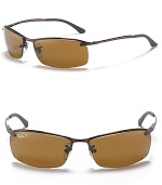 Metal framed sunglasses, bottom half of lenses unframed. Polarized brown lenses offer 100% UV protection.