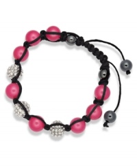 Spiritual-inspired bracelets are all the rage this season! Snap up this hot style from Ali Khan featuring semi-precious fuchsia jade beads and pave glass fireballs on a trendy black cord. Bracelet adjusts to fit the wrist. Approximate diameter: 2 inches. Approximate length: 12-1/4 inches. Spiritual-inspired bracelets are all the rage this season! Snap up this hot style from Ali Khan featuring semi-precious fuchsia jade beads and pave glass fireballs on a trendy black cord. Bracelet adjusts to fit the wrist. Approximate diameter: 2 inches. Approximate length: 12-1/4 inches.