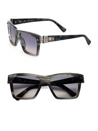 A classic shape in glossy resin accented with sparkling Swarovski crystals. Available in shiny striped grey with smoke gradient lens or shiny black with smoke lens. Swarovski crystal accented hinges and temples100% UV protectionMade in Italy A classic shape in glossy resin accented with sparkling Swarovski crystals. Available in shiny striped grey with smoke gradient lens or shiny black with smoke lens. Swarovski crystal accented hinges and temples100% UV protectionMade in Italy