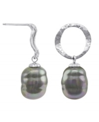 High style with rustic charm. These simple earrings by Majorica feature iridescent, organic, man-made baroque pearls (12 mm) suspended from hammered metal circles. Drops crafted from sterling silver. Approximate drop: 1 inch. High style with rustic charm. These simple earrings by Majorica feature iridescent, organic, man-made baroque pearls (12 mm) suspended from hammered metal circles. Drops crafted from sterling silver. Approximate drop: 1 inch.
