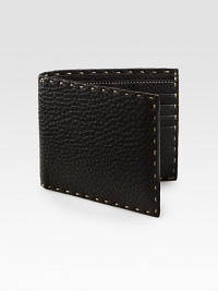 Pebbled leather design accented by intricate stitch detail for a modern finish.Two billfold compartmentsEight card slotsLeather5W x 4HMade in Italy Pebbled leather design accented by intricate stitch detail for a modern finish.Two billfold compartmentsEight card slotsLeather5W x 4HMade in Italy