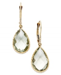 Take your look to the next level with the right amount of color. Pear-cut green quartz (10 ct. t.w.) adds the sparkle to these shining 14k gold earrings with diamond accents. Approximate drop: 1-1/4 inches. Take your look to the next level with the right amount of color. Pear-cut green quartz (10 ct. t.w.) adds the sparkle to these shining 14k gold earrings with diamond accents. Approximate drop: 1-1/4 inches.