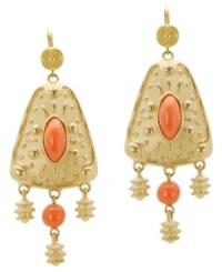 Style inspired by a faraway land. T Tahari's exotic triangular-shaped drop earrings come from the culturally-inspired Marrakesh Collection and feature beautiful coral resin accents set in gold tone mixed metal. Base metal is nickel-free for sensitive skin. Approximate drop: 3 inches. Style inspired by a faraway land. T Tahari's exotic triangular-shaped drop earrings come from the culturally-inspired Marrakesh Collection and feature beautiful coral resin accents set in gold tone mixed metal. Base metal is nickel-free for sensitive skin. Approximate drop: 3 inches.