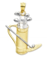 A hole in one! This sporty golf clubs and golf bag charm is perfect for the aspiring Rory McIlroy. Crafted in 14k gold and sterling silver. Chain not included. Approximate length: 1-1/10 inches. Approximate width: 3/4 inch. A hole in one! This sporty golf clubs and golf bag charm is perfect for the aspiring Rory McIlroy. Crafted in 14k gold and sterling silver. Chain not included. Approximate length: 1-1/10 inches. Approximate width: 3/4 inch.