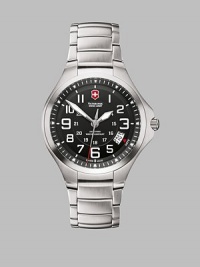 From the Base Camp Collection. Sleek and simple, in stainless steel with built-in Swiss Army reliability. Precision Swiss quartz movement Water-resistant to 10ATM Stainless steel bezel Round stainless steel case; 40mm diameter (1.57) Shatter-resistant mineral crystal Black dial Luminous hands and bold Arabic numerals, plus military time Second handDate display at 4:00 Stainless steel bracelet Double locking safety clasp Made in Switzerland From the Base Camp Collection. Sleek and simple, in stainless steel with built-in Swiss Army reliability. Precision Swiss quartz movement Water-resistant to 10ATM Stainless steel bezel Round stainless steel case; 40mm diameter (1.57) Shatter-resistant mineral crystal Black dial Luminous hands and bold Arabic numerals, plus military time Second handDate display at 4:00 Stainless steel bracelet Double locking safety clasp Made in Switzerland