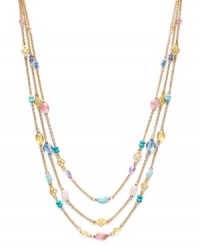 A multitude of hues makes for instant style pick-me-up! Lauren by Ralph Lauren's colorful three row necklace features reconstituted semi-precious turquoise and glass beads strung from delicate chains. Set in gold tone mixed metal with a lobster claw clasp. Approximate lengths: 18, 19 and 20 inches + 2-inch extender. A multitude of hues makes for instant style pick-me-up! Lauren by Ralph Lauren's colorful three row necklace features reconstituted semi-precious turquoise and glass beads strung from delicate chains. Set in gold tone mixed metal with a lobster claw clasp. Approximate lengths: 18, 19 and 20 inches + 2-inch extender.