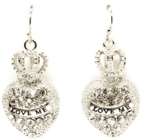 Designer Inspired Silver Plated Crown Heart Crystal Pave Couture Dangle Earrings with Love Me Banner Designer Inspired Silver Plated Crown Heart Crystal Pave Couture Dangle Earrings with Love Me Banner
