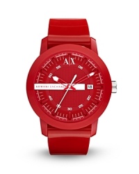 Armani Exchange encourages you to embrace your sporty side with this glossy rubber watch. Boldly styled and designed for maximum durability, it's a game changer. Armani Exchange encourages you to embrace your sporty side with this glossy rubber watch. Boldly styled and designed for maximum durability, it's a game changer.