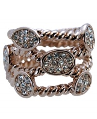 A sophisticated twist. Along with its distinctive twist silhouette, T Tahari's Essentials Collection ring is adorned with sparkling clear crystals in a bezel setting. Crafted in rose gold tone mixed metal, it's nickel-free for sensitive skin. Size 7. A sophisticated twist. Along with its distinctive twist silhouette, T Tahari's Essentials Collection ring is adorned with sparkling clear crystals in a bezel setting. Crafted in rose gold tone mixed metal, it's nickel-free for sensitive skin. Size 7.