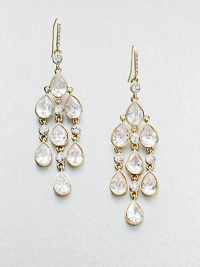 This sparkling style features faceted stones in a teardrop chandelier design. Glass stonesGoldtoneDrop, about 3Hook backImported This sparkling style features faceted stones in a teardrop chandelier design. Glass stonesGoldtoneDrop, about 3Hook backImported