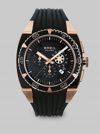 A sporty design with singular style, constructed with Swiss precision and a unidirectional rotating bezel. Three-eye chronograph Anti-reflective glass Iconic plated case Polyurethane strap Second hand Water-resistant to 10 ATM Date display at 4 o'clock Round case, 44mm, 1.73 Swiss quartz movement Imported A sporty design with singular style, constructed with Swiss precision and a unidirectional rotating bezel. Three-eye chronograph Anti-reflective glass Iconic plated case Polyurethane strap Second hand Water-resistant to 10 ATM Date display at 4 o'clock Round case, 44mm, 1.73 Swiss quartz movement Imported