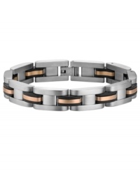 Rose-colored ruggedness. This Cave collection men's bracelet from Breil brings together stainless steel with black rubber accented with rose-gold ion-plated stainless steel. Approximate length: 8 inches.