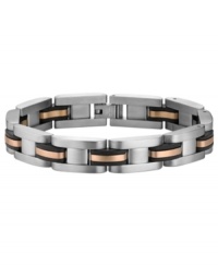 Rose-colored ruggedness. This Cave collection men's bracelet from Breil brings together stainless steel with black rubber accented with rose-gold ion-plated stainless steel. Approximate length: 8 inches. Rose-colored ruggedness. This Cave collection men's bracelet from Breil brings together stainless steel with black rubber accented with rose-gold ion-plated stainless steel. Approximate length: 8 inches.