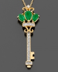 This sparkling & stylish key pendant showcases gorgeous round-cut emerald (3/4 ct. t.w.) highlighted by round-cut diamond (1/10 ct. t.w.) set in 14k gold. Approximate length: 18 inches. Approximate drop: 1-1/4 inches.