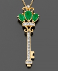 This sparkling & stylish key pendant showcases gorgeous round-cut emerald (3/4 ct. t.w.) highlighted by round-cut diamond (1/10 ct. t.w.) set in 14k gold. Approximate length: 18 inches. Approximate drop: 1-1/4 inches. This sparkling & stylish key pendant showcases gorgeous round-cut emerald (3/4 ct. t.w.) highlighted by round-cut diamond (1/10 ct. t.w.) set in 14k gold. Approximate length: 18 inches. Approximate drop: 1-1/4 inches.