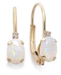 Sparkling perfection. Add a vibrant pop of color to your look with oval-cut opals (3/4 ct. t.w.) and sparkling diamond accents. Crafted in a 14k gold leverback setting. Approximate drop: 3/4 inch.