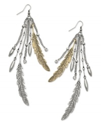 Falling leaves. These Bar III metal earrings are always in season. Features burnished gold and silver-plated leaves, multi-metal silver-tone chain tassels with beads and clear stones. Approximate drop: 4-1/2 inches. Falling leaves. These Bar III metal earrings are always in season. Features burnished gold and silver-plated leaves, multi-metal silver-tone chain tassels with beads and clear stones. Approximate drop: 4-1/2 inches.