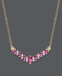Adorn your neckline with an elegant v-shaped pendant. Necklace features marquise-cut rubies (1-1/10 ct. t.w.) and diamonds (1/5 ct. t.w.) set in 14k gold. Approximate length: 16 inches. Approximate pendant width: 2 inches. Adorn your neckline with an elegant v-shaped pendant. Necklace features marquise-cut rubies (1-1/10 ct. t.w.) and diamonds (1/5 ct. t.w.) set in 14k gold. Approximate length: 16 inches. Approximate pendant width: 2 inches.