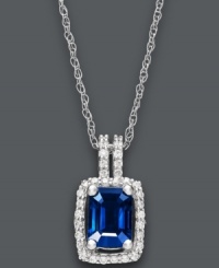 Royal splendor. This stunning pendant features a cushion-cut sapphire (1 ct. t.w.) surrounded by sparkling round-cut diamonds (1/5 ct. t.w.). Setting and chain crafted in 14k white gold. Approximate length: 18 inches. Approximate drop: 3/4 inch. Royal splendor. This stunning pendant features a cushion-cut sapphire (1 ct. t.w.) surrounded by sparkling round-cut diamonds (1/5 ct. t.w.). Setting and chain crafted in 14k white gold. Approximate length: 18 inches. Approximate drop: 3/4 inch.