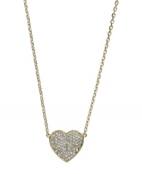 Wear your heart on your sleeve. Michael Kors' romantic pendant features pave-set glass accents set in gold tone mixed metal. Approximate length: 16 inches. Approximate drop length: 1/2 inch. Approximate drop width: 3/4 inch. Wear your heart on your sleeve. Michael Kors' romantic pendant features pave-set glass accents set in gold tone mixed metal. Approximate length: 16 inches. Approximate drop length: 1/2 inch. Approximate drop width: 3/4 inch.