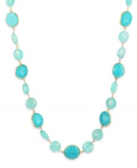 A stylish splash. Bezel-set chalcedony (62-1/10 ct. t.w.) and turquoise (50-3/8 ct. t.w.) stones adorn this vibrant 18k gold over sterling silver necklace. Approximate length: 16 inches. A stylish splash. Bezel-set chalcedony (62-1/10 ct. t.w.) and turquoise (50-3/8 ct. t.w.) stones adorn this vibrant 18k gold over sterling silver necklace. Approximate length: 16 inches.
