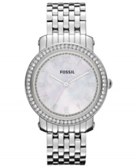 A beautiful ring of crystal accents adorns this Emma collection watch from Fossil. A beautiful ring of crystal accents adorns this Emma collection watch from Fossil.
