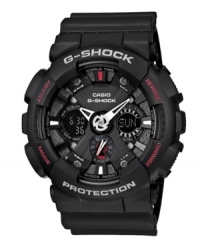Bold and enigmatic in design, a masculine sport watch from G-Shock. Crafted of black resin strap and round case. Black analog digital shock-resistant dial features logo, world time, multifunction alarm, countdown timer, stopwatch, 12/24 hour formats, mute, auto LED light, hour and minute hands and stick indices. Quartz movement. Water resistant to 200 meters. One-year limited warranty. Bold and enigmatic in design, a masculine sport watch from G-Shock. Crafted of black resin strap and round case. Black analog digital shock-resistant dial features logo, world time, multifunction alarm, countdown timer, stopwatch, 12/24 hour formats, mute, auto LED light, hour and minute hands and stick indices. Quartz movement. Water resistant to 200 meters. One-year limited warranty.