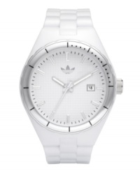 adidas adds a sleek touch of silver to the classically sporty style of this Cambridge watch. White polyurethane strap and round plastic case with silver tone aluminum bezel. White grid-patterned dial features silver tone stick indices, minute track, date window at three o'clock, three hands and logo at twelve o'clock. Quartz movement. Water resistant to 50 meters. Two-year limited warranty. adidas adds a sleek touch of silver to the classically sporty style of this Cambridge watch. White polyurethane strap and round plastic case with silver tone aluminum bezel. White grid-patterned dial features silver tone stick indices, minute track, date window at three o'clock, three hands and logo at twelve o'clock. Quartz movement. Water resistant to 50 meters. Two-year limited warranty.