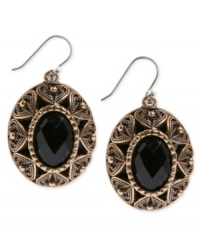 Ornate opulence. This pair of earrings from Lucky Brand is crafted from gold-tone mixed metal with precise etchings and black glass stones for a stylish approach. Approximate drop: 1-3/4 inches. Ornate opulence. This pair of earrings from Lucky Brand is crafted from gold-tone mixed metal with precise etchings and black glass stones for a stylish approach. Approximate drop: 1-3/4 inches.