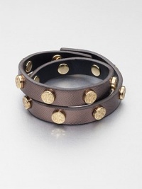 This coated saffiano leather design features a row of logo studs. Coated saffiano leatherGoldtoneLength, about 15.75Snap button closureImported This coated saffiano leather design features a row of logo studs. Coated saffiano leatherGoldtoneLength, about 15.75Snap button closureImported
