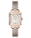 Effortlessly move between day and night, corporate and casual, with this stunning Masella watch by Bulova Accutron. Stainless steel bracelet with outer links of rose-gold PVD and square case with curved sapphire crystal. Bezel embellished with diamond accents at left and right. Silver tone web-patterned dial features rose-gold tone Roman numerals at twelve, three, six and nine o'clock, three hands and logo at twelve o'clock. Swiss quartz movement. Water resistant to 30 meters. Five-year limited warranty.