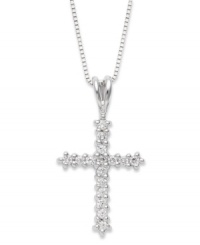 A simple cross makes the perfect gift for a wedding or confirmation. Pendant is crafted in 14k white gold while round-cut diamonds (1/4 ct. t.w.) cover the surface. Approximate length: 18 inches. Approximate drop: 7/8 inch. A simple cross makes the perfect gift for a wedding or confirmation. Pendant is crafted in 14k white gold while round-cut diamonds (1/4 ct. t.w.) cover the surface. Approximate length: 18 inches. Approximate drop: 7/8 inch.
