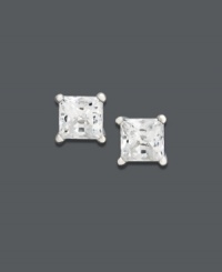 Unwrap a little magic. A timeless look comes in the form of princess-cut diamonds (1/3 ct. t.w.) set in a polished, 14k white gold prong setting. Approximate diameter: 3 mm. Unwrap a little magic. A timeless look comes in the form of princess-cut diamonds (1/3 ct. t.w.) set in a polished, 14k white gold prong setting. Approximate diameter: 3 mm.