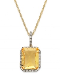 Captivating cool. This 10k gold necklace features an emerald-cut citrine (2-1/2 ct. t.w.) pendant surrounded by diamonds (1/8 ct. t.w.) for an appealing aesthetic. Approximate length: 18 inches. Approximate drop: 3/4 inch. Captivating cool. This 10k gold necklace features an emerald-cut citrine (2-1/2 ct. t.w.) pendant surrounded by diamonds (1/8 ct. t.w.) for an appealing aesthetic. Approximate length: 18 inches. Approximate drop: 3/4 inch.
