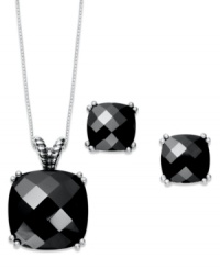 Shapely sparkle. This matching pendant and stud earrings set features cushion-cut onyx (10 mm) set in sterling silver. Approximate length: 18 inches. Approximate pendant drop: 5/8 inch. Approximate earring diameter: 1/3 inch. Shapely sparkle. This matching pendant and stud earrings set features cushion-cut onyx (10 mm) set in sterling silver. Approximate length: 18 inches. Approximate pendant drop: 5/8 inch. Approximate earring diameter: 1/3 inch.