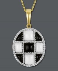 Ready, set, glam! Le Vian's checkerboard-themed pendant features smooth white agate (4 mm) and onyx (1-3/4 mm) stones splashed with rows of round-cut diamonds (3/8 ct. t.w.). Setting and chain crafted in 14k gold. Approximate length: 18 inches. Approximate drop: 1-1/2 inches. Ready, set, glam! Le Vian's checkerboard-themed pendant features smooth white agate (4 mm) and onyx (1-3/4 mm) stones splashed with rows of round-cut diamonds (3/8 ct. t.w.). Setting and chain crafted in 14k gold. Approximate length: 18 inches. Approximate drop: 1-1/2 inches.